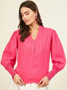 Marie Claire Striped Mandarin Collar Smocked Cuff Sleeves Shirt Style Satin Top