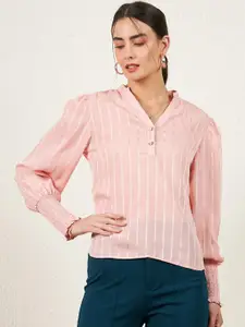 Marie Claire Striped Mandarin Collar Smocked Cuff Sleeves Shirt Style Satin Top