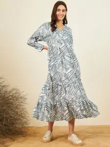 Marie Claire Printed V-Neck A-Line Midi Dress