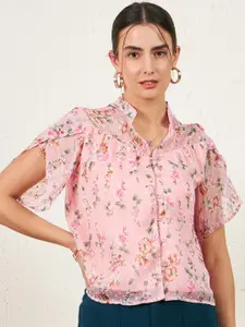 Marie Claire Floral Printed Flared Sleeve Mandarin Collar Chiffon Shirt Style Top