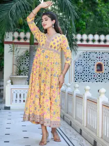 GULAB CHAND TRENDS Floral Printed V-Neck Cotton Fit & Flare Ethnic Dress