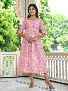 GULAB CHAND TRENDS Floral Printed Gathered Detailed Cotton A-Line Midi Ethnic Dress