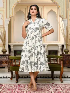 GULAB CHAND TRENDS Floral Printed Mandarin Collar Tiered Cotton Fit & Flare Dress