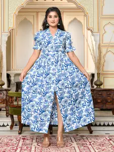 GULAB CHAND TRENDS Floral Printed V-Neck Gathered Detailed Cotton A-Line Maxi Ethnic Dress