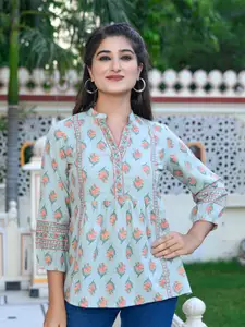 GULAB CHAND TRENDS Floral Print Mandarin Collar Pleated Cotton Top