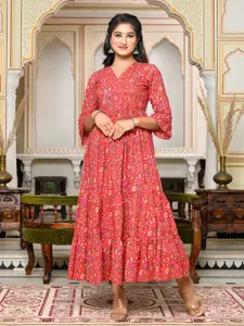 GULAB CHAND TRENDS Floral Printed Bell Sleeves Tiered Cotton Maxi Ethnic Dresses