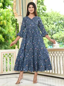 GULAB CHAND TRENDS Floral Printed V-Neck Gathered Detailed Cotton A-Line Midi Ethnic Dress