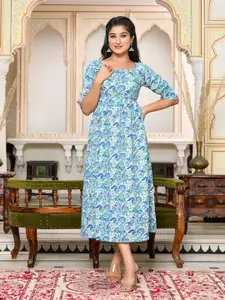GULAB CHAND TRENDS Floral Printed Square Neck Cut-Outs Cotton A-Line Midi Ethnic Dresses