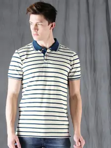 WROGN Men Off-White  Navy Striped Polo Pure Cotton T-shirt