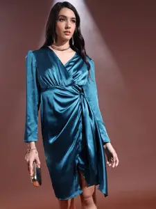 KETCH Gathered Tie-Up Detail Asymmetric Satin Midi Wrap Dress