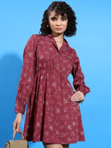 KETCH Floral Printed Shirt Collar Fit & Flare Dress