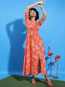 KETCH Floral Printed V-Neck Smocked Maxi Fit & Flare Dress