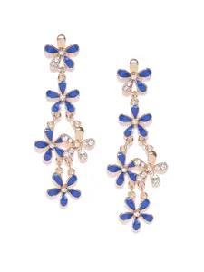 Crunchy Fashion Blue & Gold-Toned Stoned-Studded Floral Drop Earrings