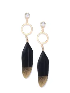 Crunchy Fashion Black & Gold-Toned Feather Shaped Drop Earrings