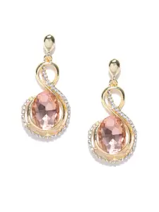 Crunchy Fashion Gold-Toned & Peach-Coloured Stone-Studded Drop Earrings