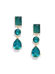 Crunchy Fashion Green Geometric Stone-Studded Drop Earrings