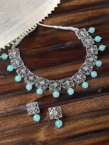 KARATCART Oxidised Silver-Plated Beaded Kundan Necklace & Earrings