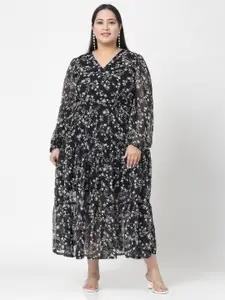 plusS Plus Size Black & White Floral Printed V-Neck Puff Sleeves Fit & Flare Dress