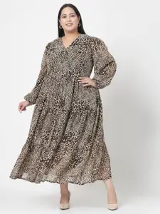 plusS Plus Size Brown & Beige Animal Printed V-Neck Puff Sleeve Fit & Flare Dress