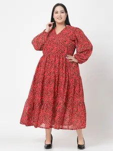 plusS Plus Size Orange & Black Abstract Printed V-Neck Puff Sleeves Fit & Flare Dress