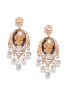 Crunchy Fashion Gold-Toned & Brown Stone-Studded Classic Drop Earrings