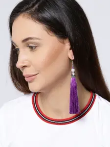 Crunchy Fashion Silver-Toned & Purple Beaded Contemporary Tasselled Earrings