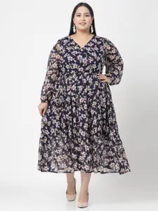 plusS Plus Size Floral Print V-Neck Fit & Flare Midi Dress