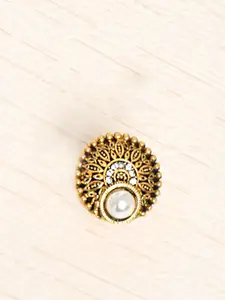 OOMPH Gold-Plated Stone-Studded & Pearl Beaded Adjustable Finger Ring