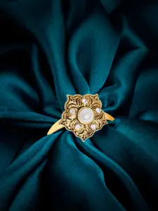 OOMPH Gold-Plated Stone-Studded & Pearl Beaded Adjustable Finger Ring