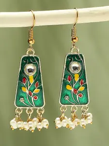 OOMPH Gold Plated Geometric Kundan Studded And Beaded Meenakari Drop Earrings