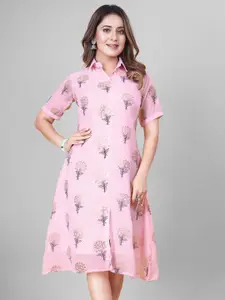 PRASTHAN Floral Print Georgette Shirt Midi Dress