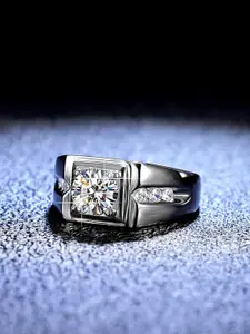 MEENAZ Men Set Of 2 Stainless Steel Silver Plated AD Studded Adjustable Finger Rings