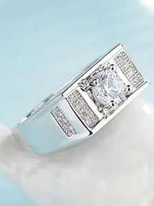 MEENAZ Men Set Of 2 Stainless Steel Silver Plated AD Studded Adjustable Finger Rings