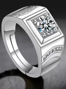 MEENAZ Men Set Of 2 Stainless Steel Silver Plated AD Studded Adjustable Finger Rings