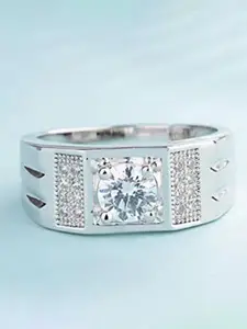 MEENAZ Men Set Of 2 Stainless Steel Silver Plated AD Studded Adjustable Finger Rings