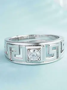 MEENAZ Men Set Of 2 Stainless Steel Silver Plated AD Studded Adjustable Finger Rings