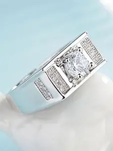 MEENAZ Men Set Of 2 Silver-Plated AD Studded Adjustable Finger Rings