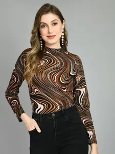 Moshe Abstract Printed Mock Neck Fitted Top