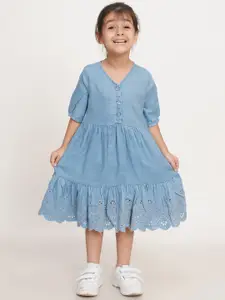 Creative Kids Girls Puff Sleeves V-Neck Schiffli Cotton Denim Fit & Flare Midi Dress