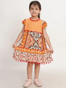 Creative Kids Girls Ethnic Motifs Printed with Pom-Pom Detail Cotton A-Line Dress
