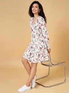 YU by Pantaloons Floral Printed V-Neck Long Sleeves Pure Cotton A-Line Dress