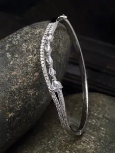 ZENEME Brass American Diamond Rhodium-Plated Bangle-Style Bracelet