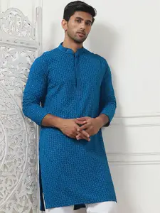 Anouk Blue Geometric Embroidered Sequinned Pure Cotton Straight Kurta