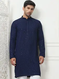 Anouk Navy Blue Ethnic Motifs Embroidered Sequinned Pure Cotton Kurta