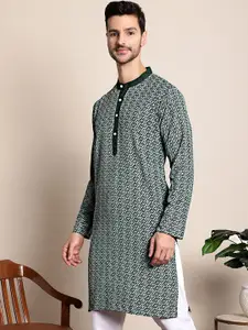 Anouk Green Ethnic Motifs Chikankari Embroidered Band Collar Kurta