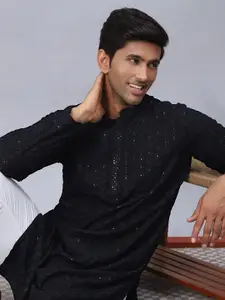 Anouk Geometric Embroidered Mandarin Collar Sequinned Pure Cotton Straight Kurta