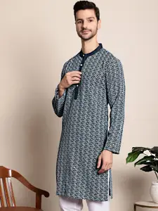 Anouk Navy Blue Geometric Embroidered Chikankari Straight Kurta
