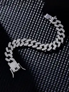 Designs & You Men Silver-Plated American Diamond Stainless Steel Link Bracelet