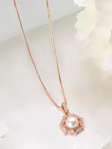 Zavya Women Rose Gold-Plated Pearl Studded 925 Pure Sterling Silver Pendant
