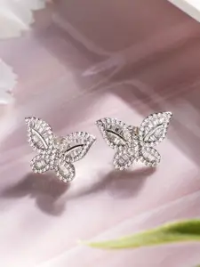 Zavya Rhodium-Plated Sterling Silver CZ Studded Butterfly Shaped Studs Earrings